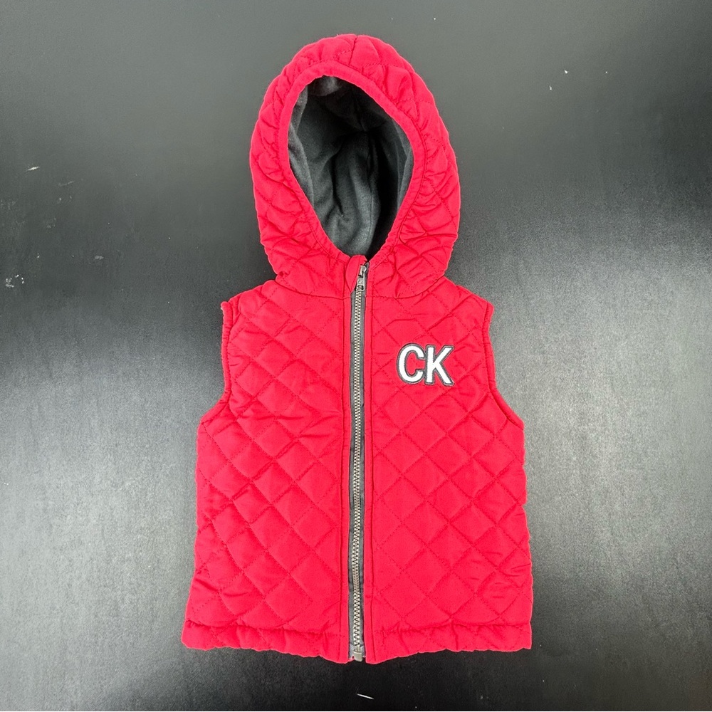 Calvin Klein Jeans Baby Quilted Hooded Red Vest Size 6-9M Full Zip Lined Winter